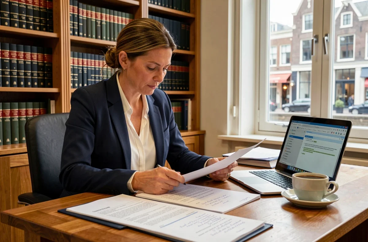 Vrouwelijke advocaat in een Nederlands advocatenkantoor bestudeert documenten over aansprakelijkheid bij bedrijfsongevallen