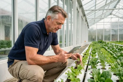 Agronoom inspecteert jonge zaailingen in een moderne Nederlandse kas met hydroponische teeltsystemen