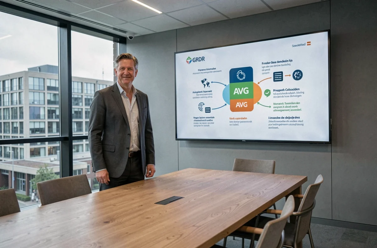 Man presenteert AVG privacywetgeving infographic op groot scherm in vergaderzaal