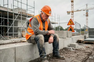 Gewonde bouwvakker op een Nederlandse bouwplaats die zijn pols vasthoudt na een bedrijfsongeval, omgeven door steigers en veiligheidsborden