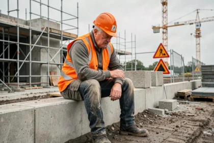 Gewonde bouwvakker op een Nederlandse bouwplaats die zijn pols vasthoudt na een bedrijfsongeval, omgeven door steigers en veiligheidsborden