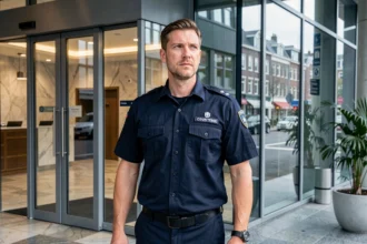 Professionele beveiliger in marineblauw uniform bij de ingang van een modern Nederlands kantoorgebouw