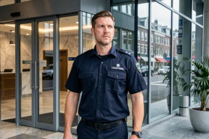 Professionele beveiliger in marineblauw uniform bij de ingang van een modern Nederlands kantoorgebouw