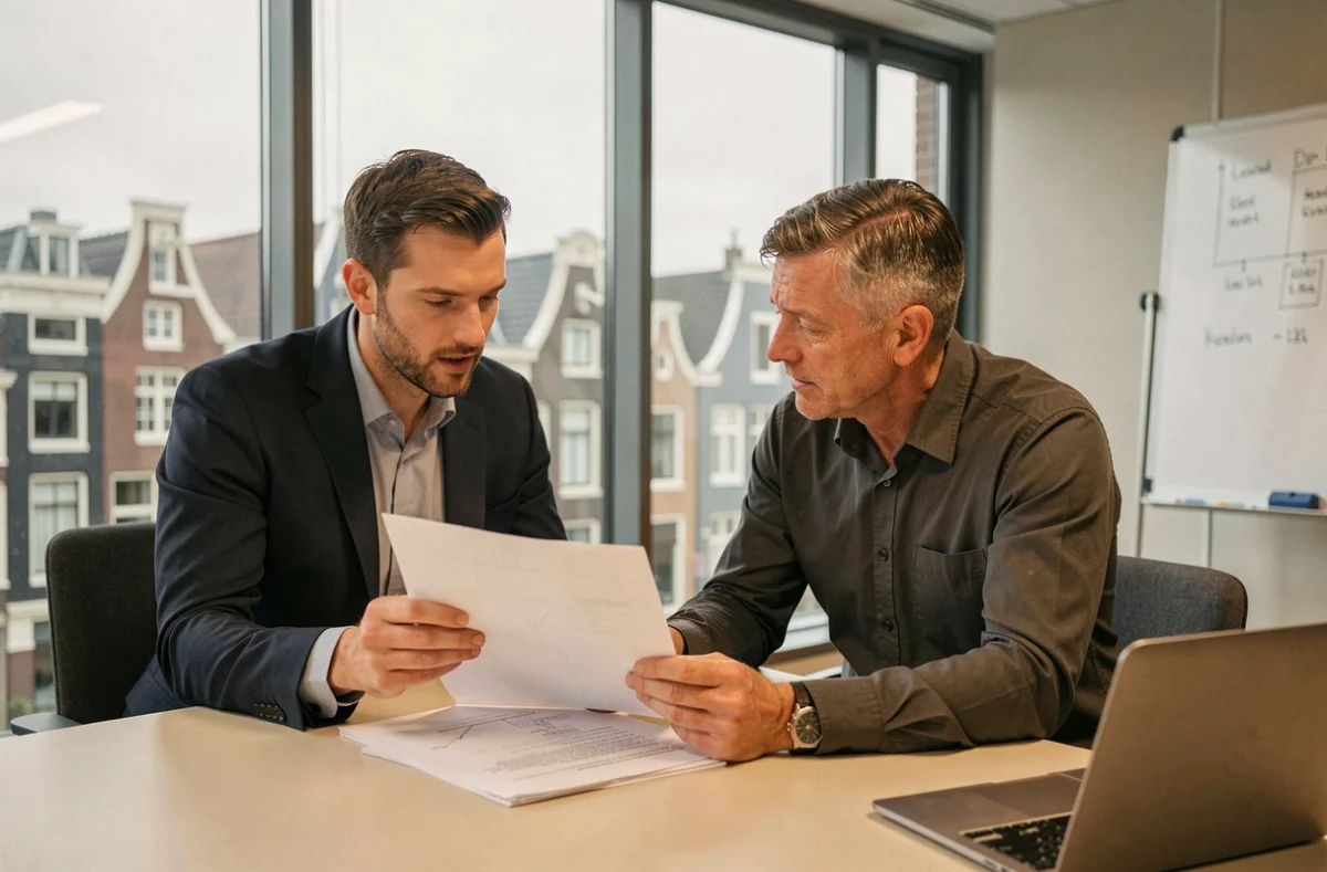 Twee beveiligingsadviseurs bespreken een beveiligingsplan in een moderne Nederlandse vergaderruimte