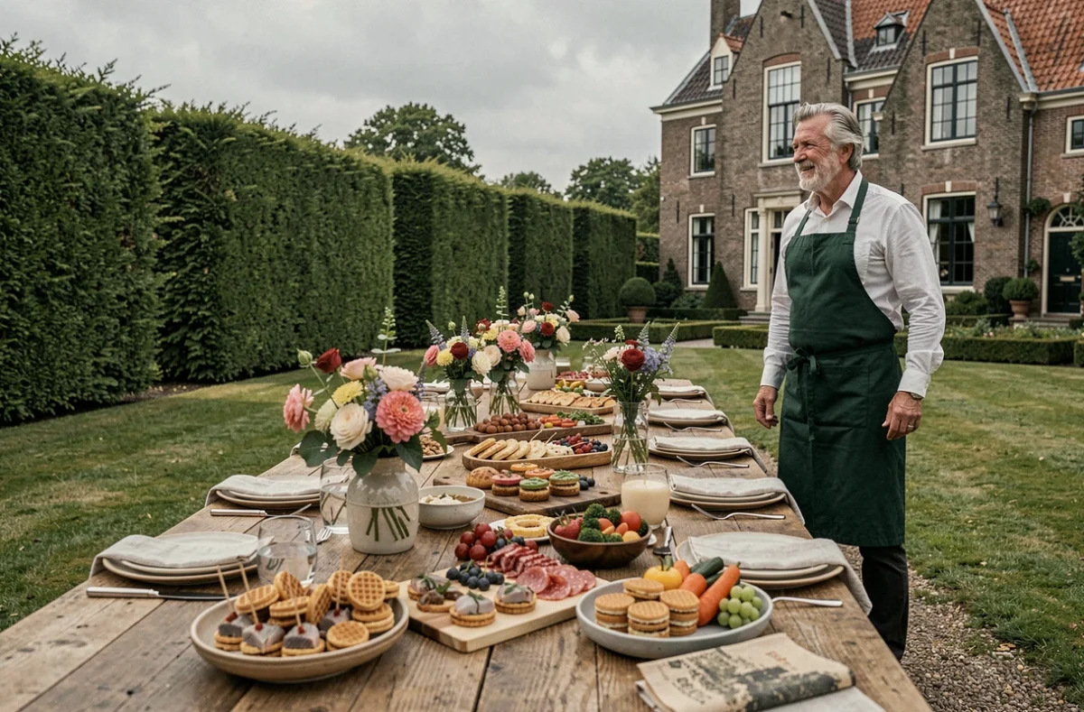 Elegante buitencatering opstelling op een Nederlands bedrijfstuinfeest met lokale hapjes en een professionele cateraar
