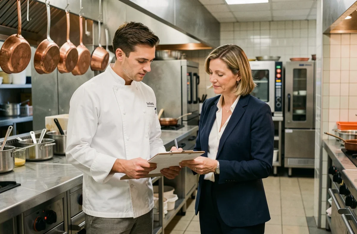 Chef-kok en manager bespreken werkrooster en arbeidsrechten in horecakeuken