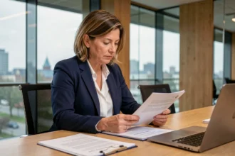 Vrouwelijke compliance-officer bekijkt zakelijke documenten in een modern Nederlands kantoor met glazen wanden