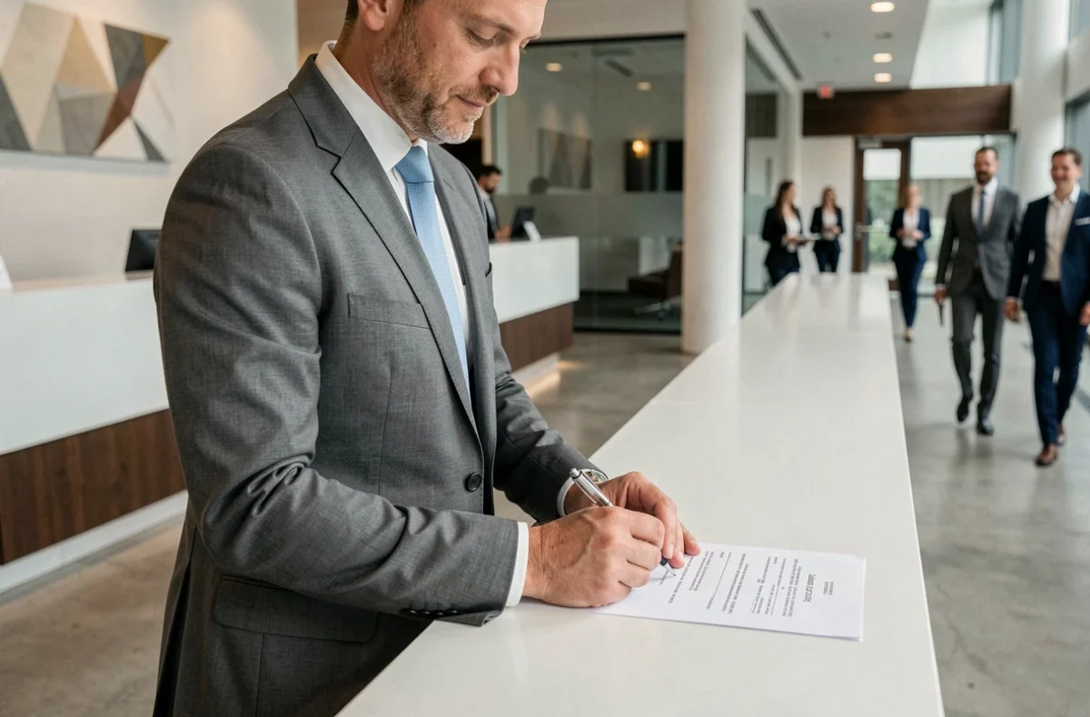 Zakenman ondertekent een compliance-verklaring in de lobby van een Nederlands bedrijfspand