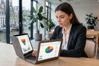 Marketingprofessional analyseert conversie-optimalisatie data op laptop in modern Nederlands kantoor