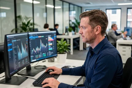 IT-professional in Nederlands kantoor controleert cybersecuritydashboards op dubbele monitoren