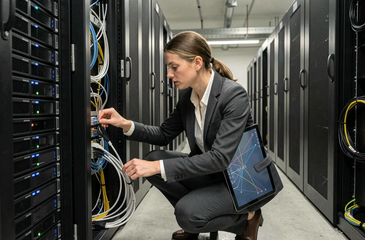 Vrouwelijke netwerkspecialist inspecteert serverapparatuur in een Nederlands datacenter
