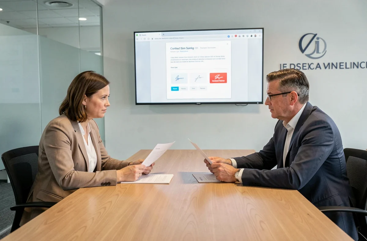 Twee juridische professionals bespreken digitale contractondertekening via een scherm in een Nederlandse vergaderruimte