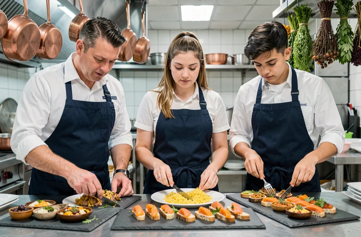 Divers cateringteam bereidt multiculturele gerechten in een professionele keuken voor een Nederlandse cateringservice