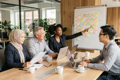 Diverse groep professionals in een moderne Nederlandse kantooromgeving bespreekt bedrijfsstrategie rond een vergadertafel