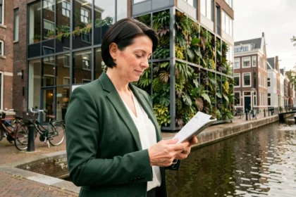 Een zakenvrouw bespreekt duurzame bedrijfsstrategie voor een modern Amsterdams kantoorgebouw met groene gevelbeplanting