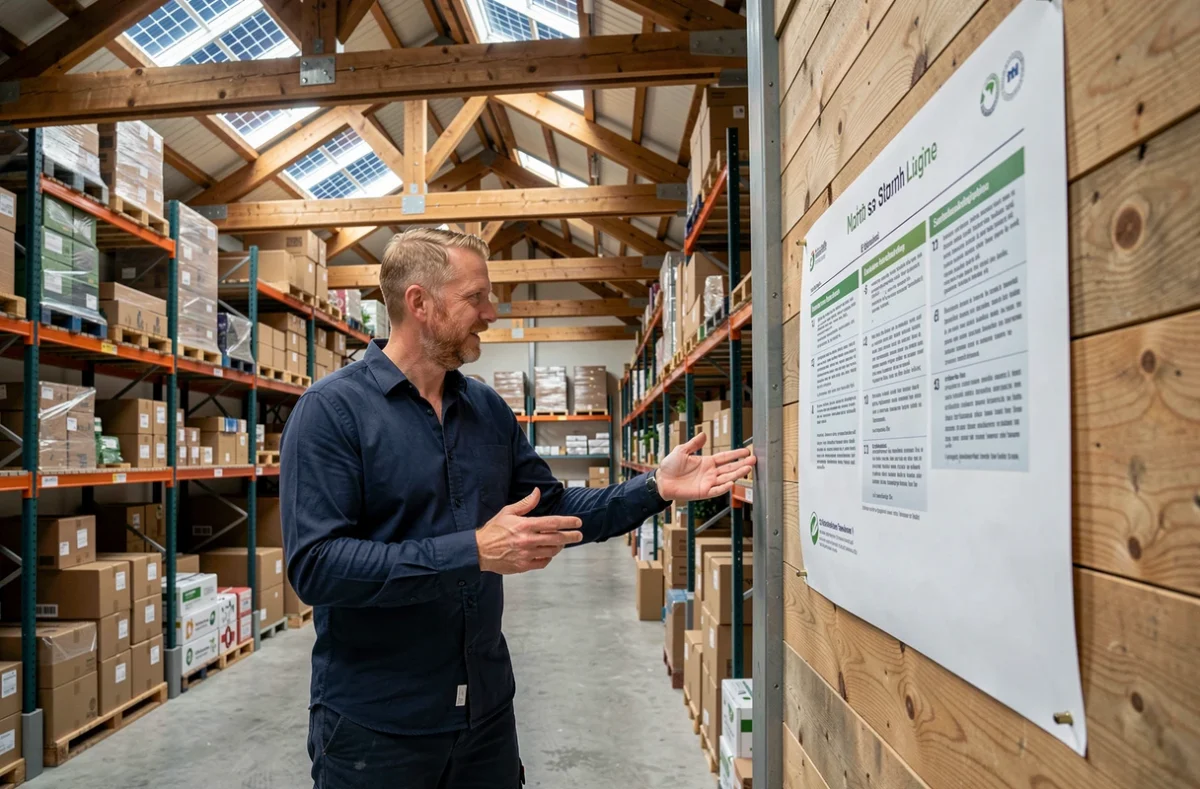 Een Nederlandse ondernemer presenteert duurzaamheidsresultaten in een moderne, milieuvriendelijke distributiehal met houten constructie en zonnepanelen