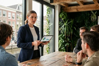 Een duurzame ondernemer presenteert groene bedrijfsstrategie in een modern kantoor met levende plantenwanden in Amsterdam