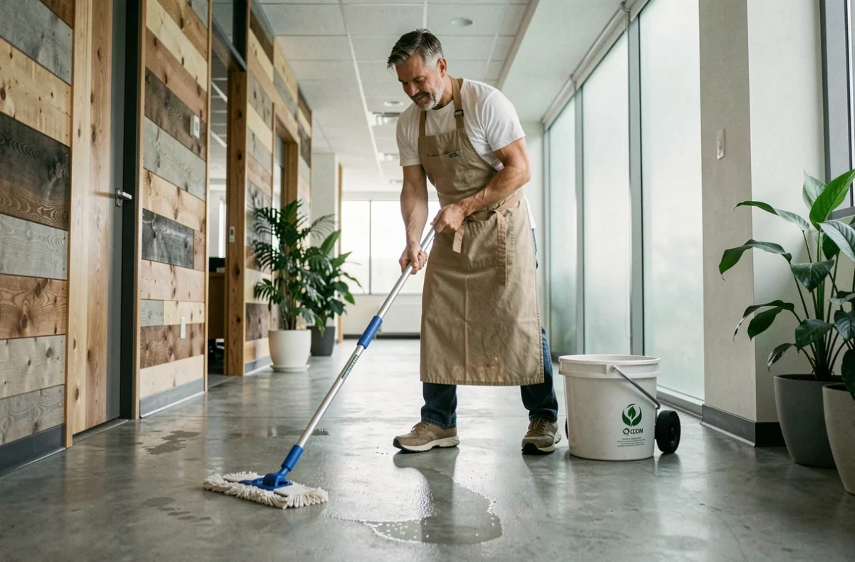 Man in werkschort dweilt een kantoorgang met een herbruikbare microvezel-mop als onderdeel van een duurzame schoonmaakdienst