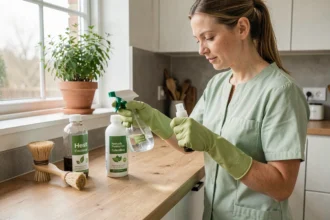 Vrouw in groen schoonmaakuniForm gebruikt milieuvriendelijke reinigingsproducten in een moderne Nederlandse keuken