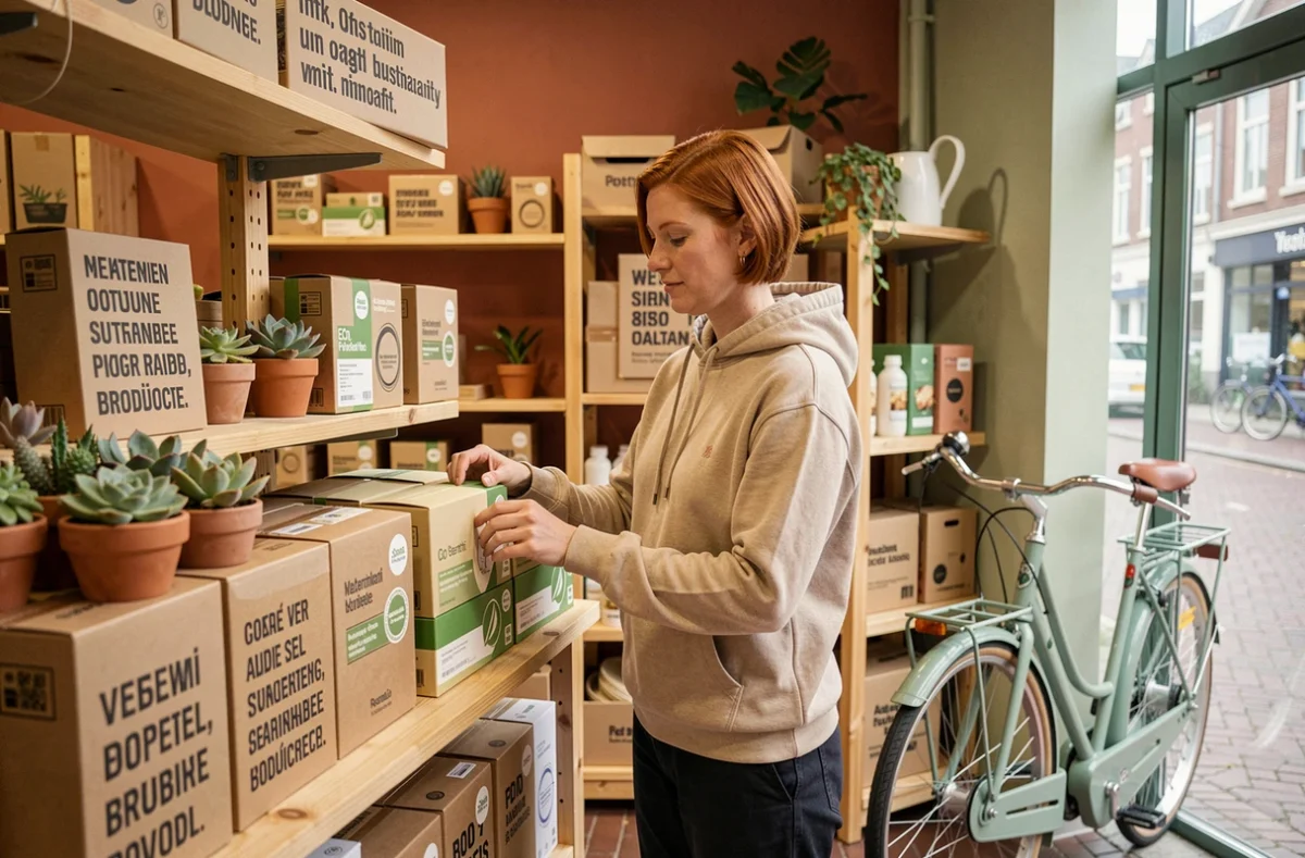 Een jonge Nederlandse onderneemster rangschikt duurzame producten in een milieuvriendelijke winkel in Rotterdam
