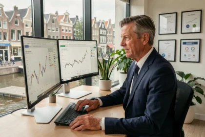 Financieel analist bekijkt investeringsgrafieken over de energietransitie op kantoor in Amsterdam