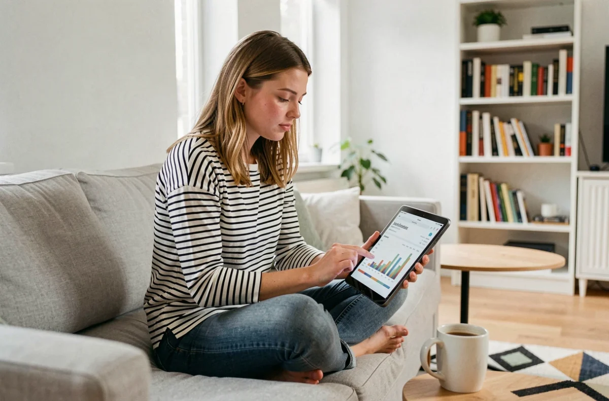 Freelance online marketeer bekijkt conversie-optimalisatie statistieken op tablet vanuit huis in Nederland