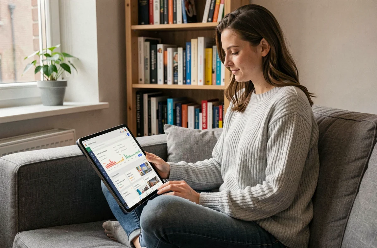 Jonge Nederlandse freelancer werkt aan SEO-prestaties in Google Search Console vanuit huis