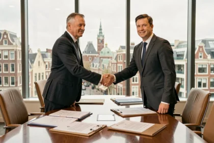 Twee zakelijke executives schudden handen in een moderne bestuurskamer tijdens een fusie of overname deal in Nederland