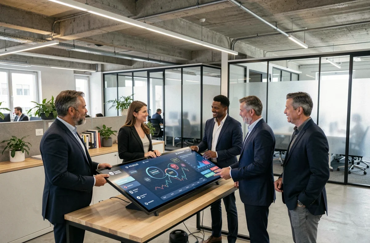 Team van zakelijke professionals analyseert fusie- en overnamedata op een digitaal scherm in een modern Nederlands kantoor