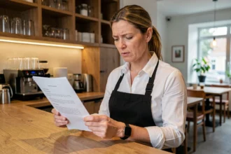 Horecamedewerker leest arbeidscontract achter de bar in een Nederlands restaurant