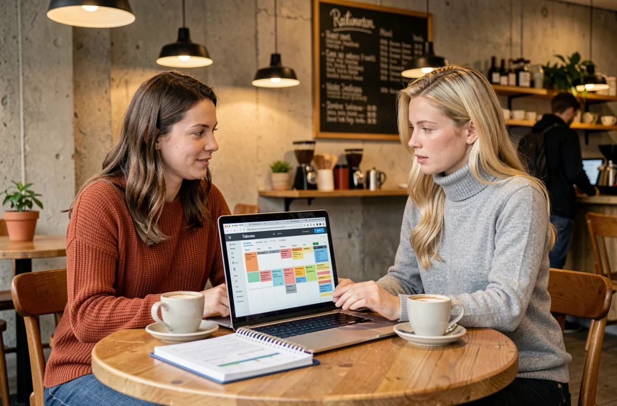 Twee Nederlandse vrouwen bespreken een influencer marketingstrategie met laptop en planner in een gezellig Rotterdams koffiehuis