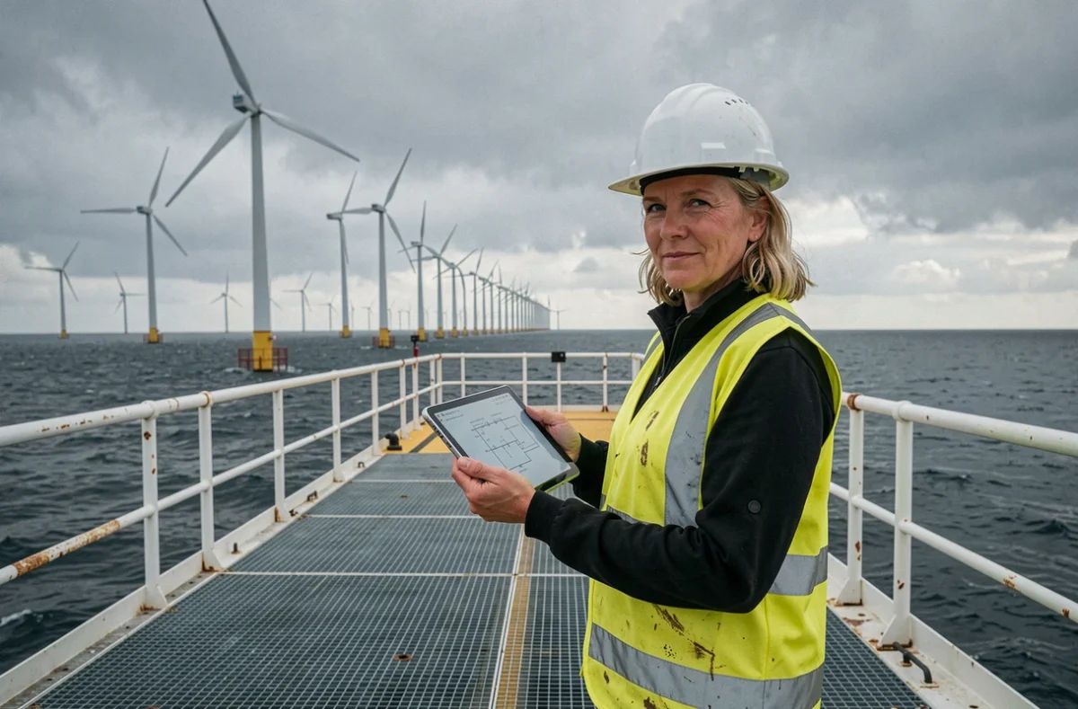 Ingenieur inspecteert offshorewindpark in de Noordzee als investeringsproject in de Nederlandse energietransitie