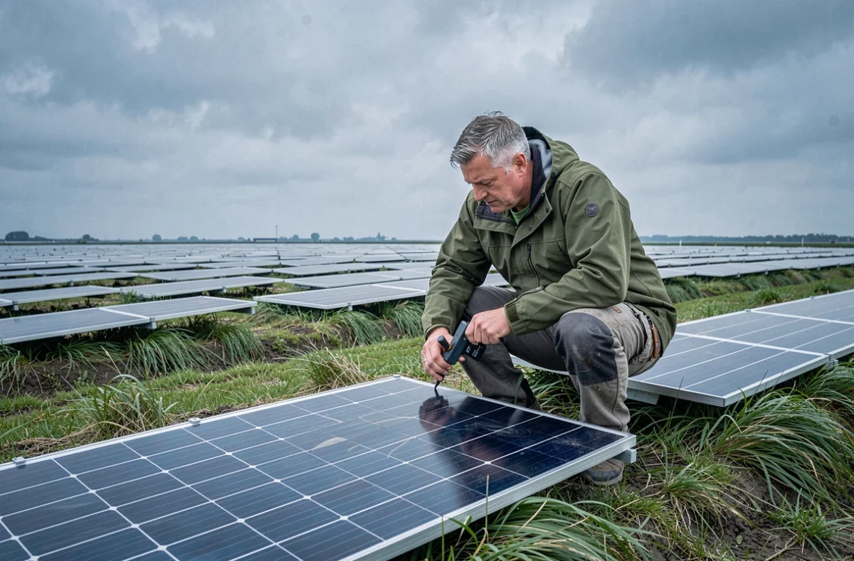 Een ingenieur inspecteert zonnepanelen in een Nederlands polderlandschap als onderdeel van de groene energietransitie