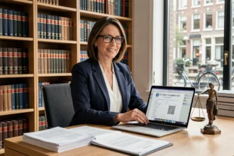 Een vrouwelijke advocaat gespecialiseerd in intellectueel eigendomsrecht aan haar bureau in een Amsterdams kantoor met juridische documenten en een laptop met auteursrechtinformatie