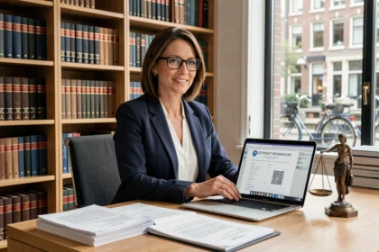 Een vrouwelijke advocaat gespecialiseerd in intellectueel eigendomsrecht aan haar bureau in een Amsterdams kantoor met juridische documenten en een laptop met auteursrechtinformatie