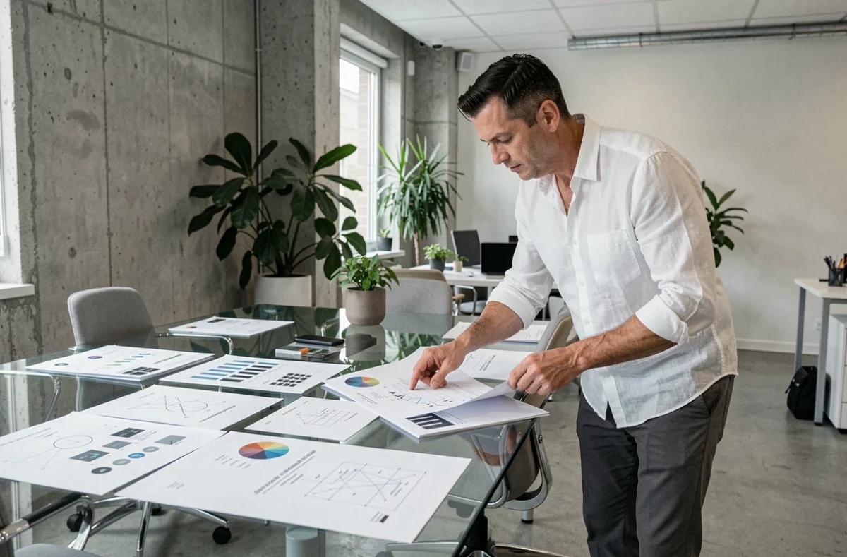 Een creatief professional bekijkt octrooitekeningen en grafisch ontwerp portfolio's op een glazen vergadertafel in een moderne Nederlandse co-working ruimte