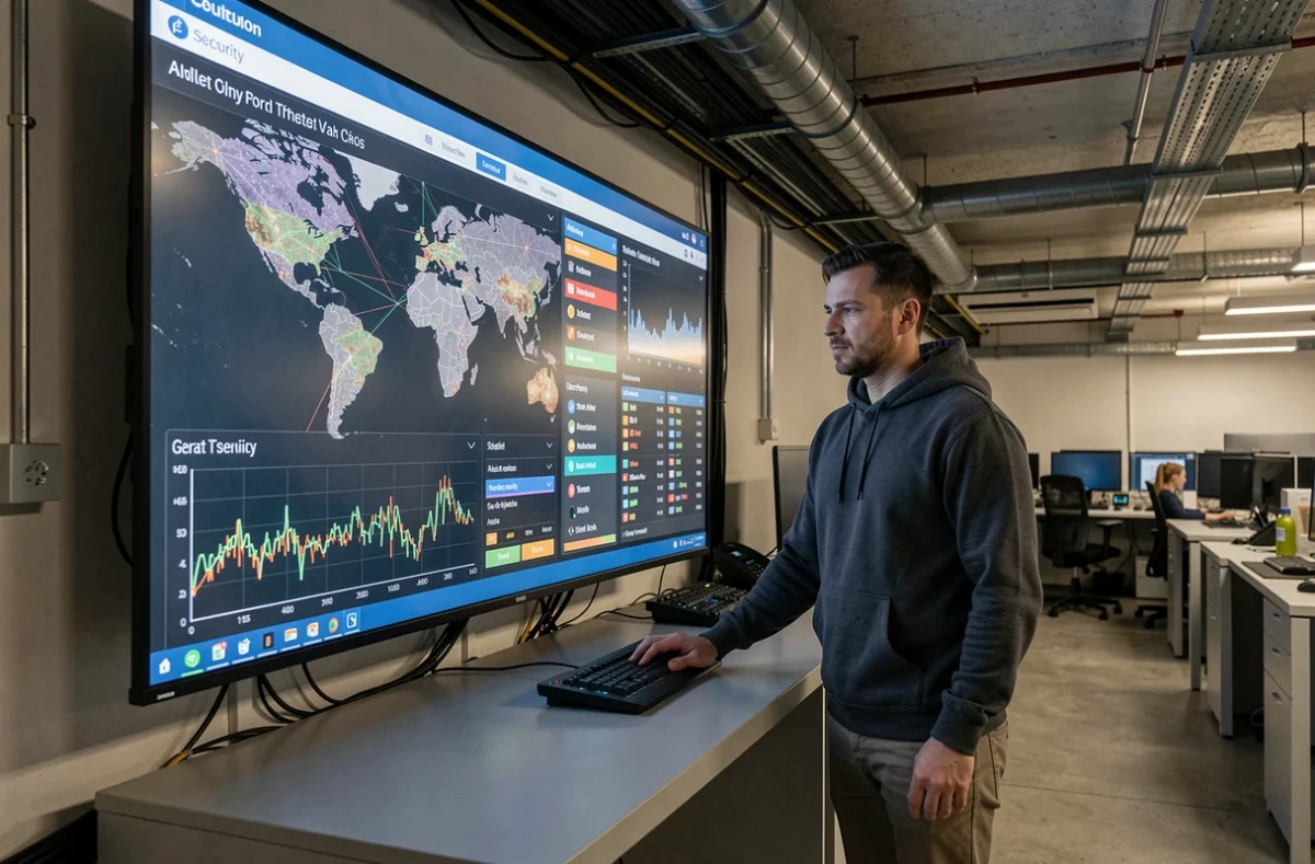 IT-beveiligingsspecialist monitort cyberdreigingen op een Nederlands security operations center