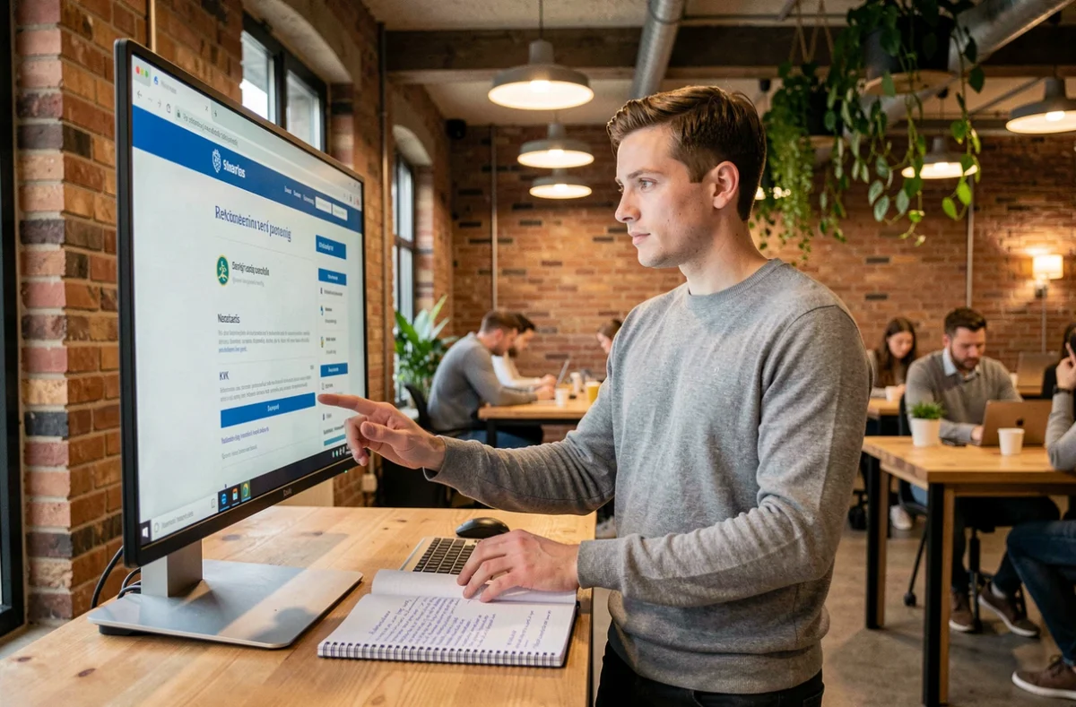 Jonge ondernemer zoekt juridische informatie over bedrijf oprichten in Nederland op een computer in een co-working space