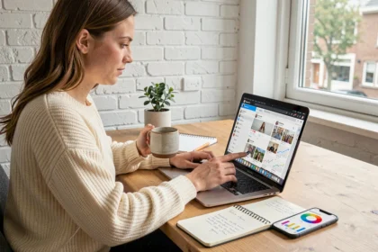 Jonge Nederlandse vrouw werkt aan social media marketing op een laptop in een modern Amsterdam appartement