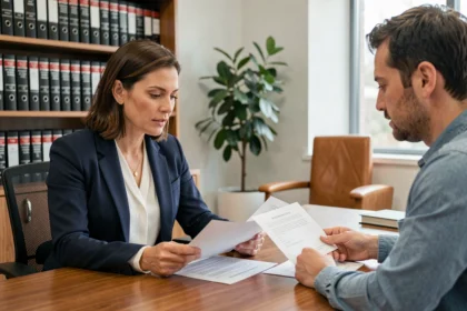 Advocate bespreekt juridische documenten met eigenaar van een klein bedrijf aan een bureau in een professioneel kantoor