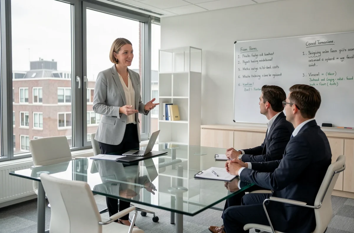 Juridisch adviseur presenteert advies aan zakelijke klanten in een moderne vergaderruimte in Nederland