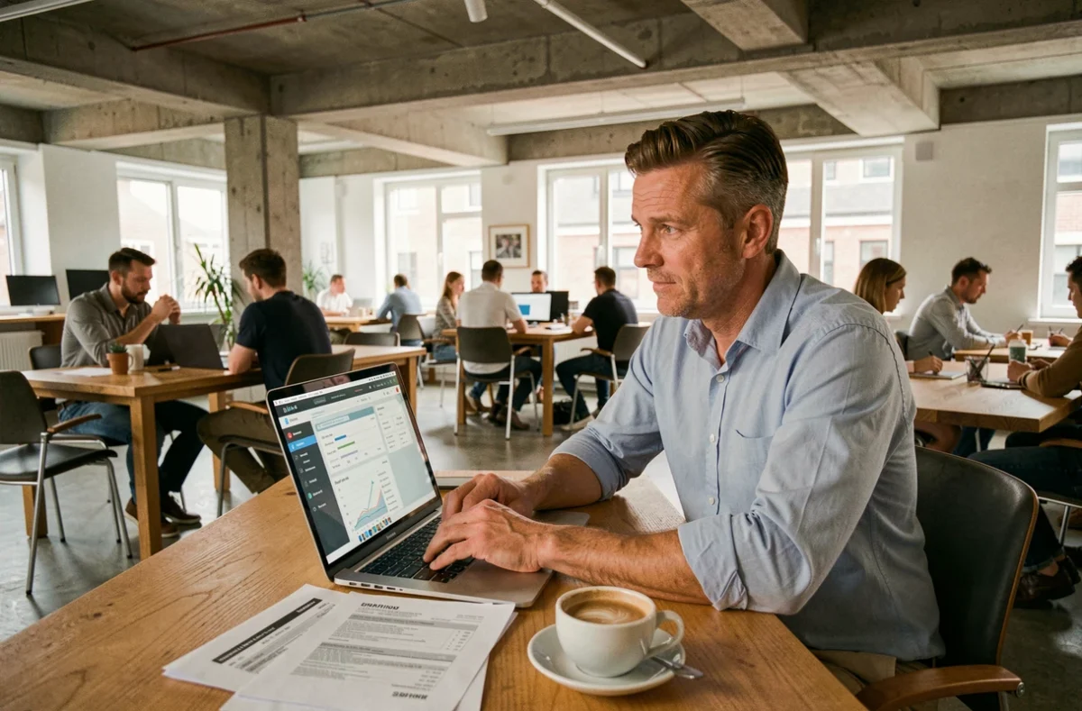 Juridische professional werkt met AI-software en contracten in een modern coworking space in Rotterdam