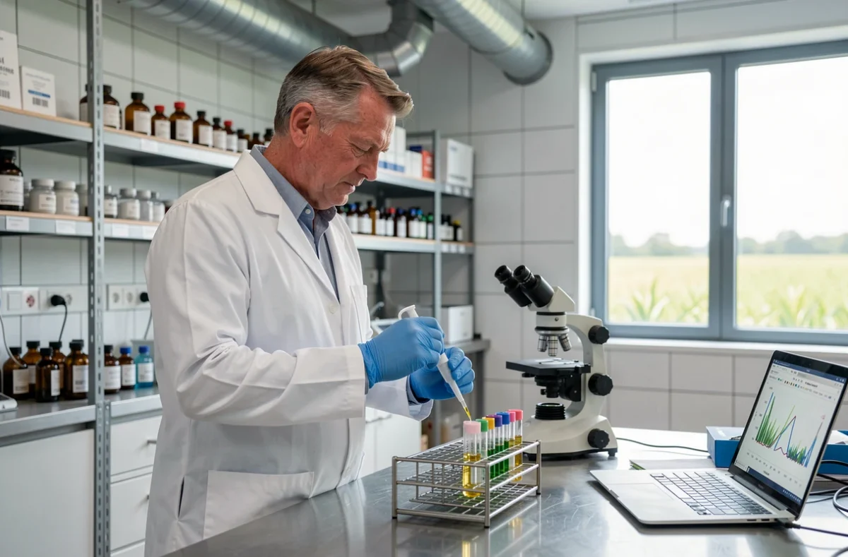 Landbouwtechnicus voert laboratoriumonderzoek uit in een modern agri-tech onderzoekscentrum in Nederland