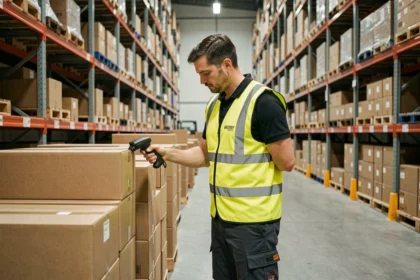 Magazijnmedewerker scant dozen in een groot Nederlands distributiecentrum