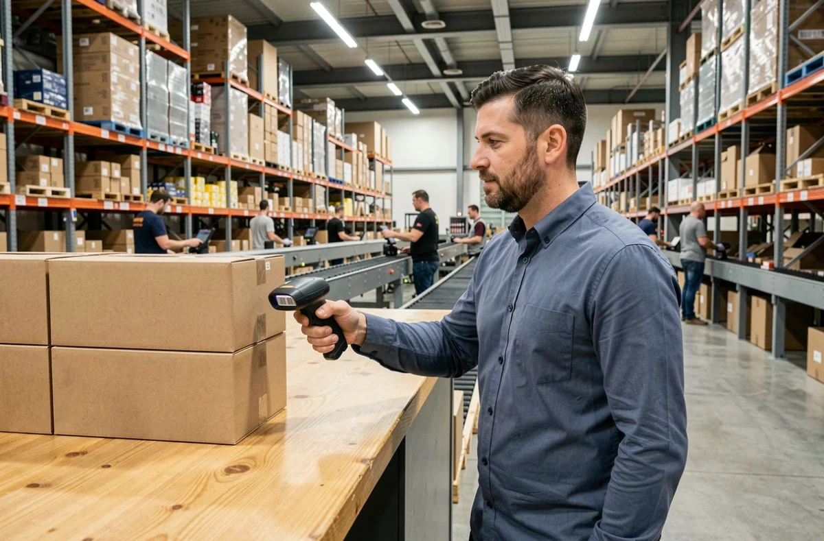 Magazijnmedewerker scant pakketten in een modern Nederlands e-commerce fulfillment centrum