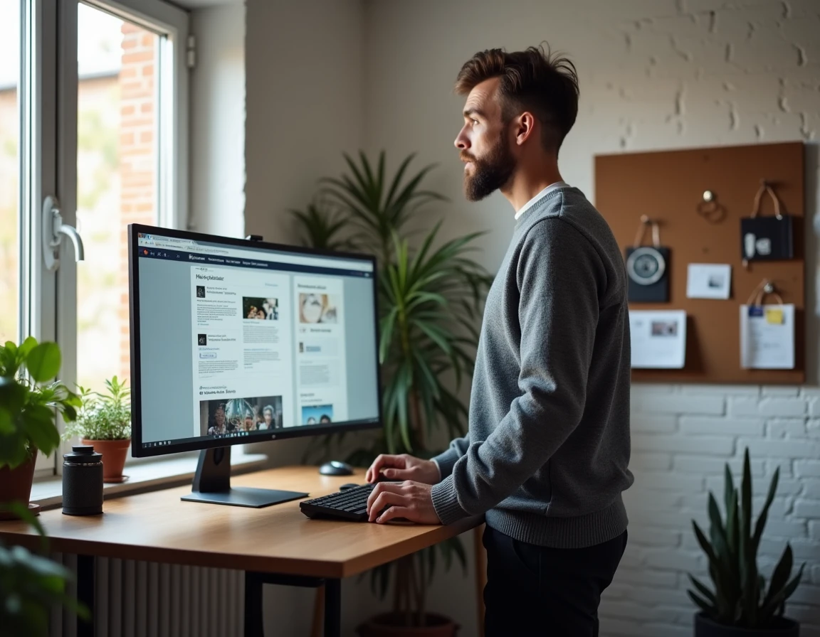 Man bekijkt e-mailnieuwsbrief templates op groot beeldscherm in thuiskantoor, e-mailmarketing strategie 2026