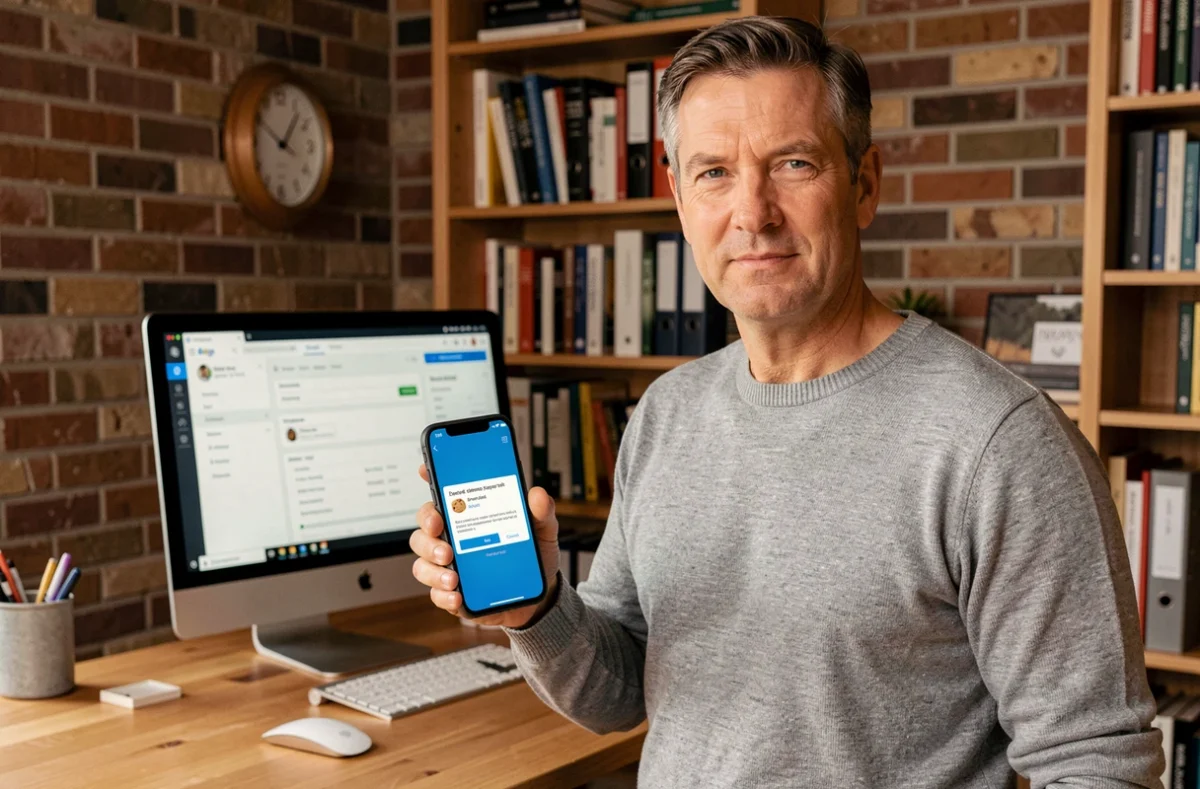 Man in thuiskantoor bekijkt cookiemelding op smartphone bij Nederlandse online dienst
