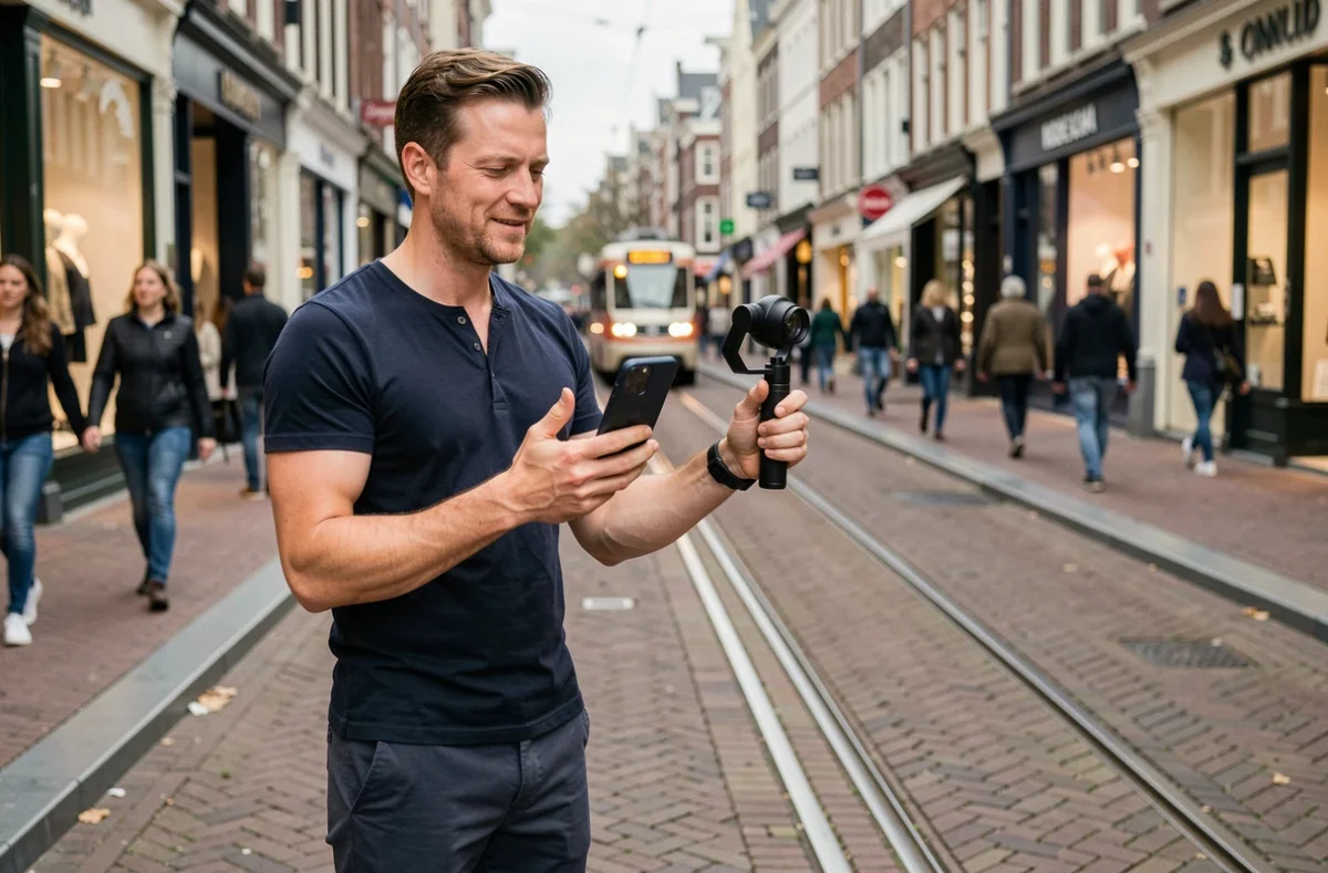 Nederlandse mannelijke influencer filmt een videoreview van sneakers op een drukke winkelstraat in Amsterdam voor influencer marketing campagne