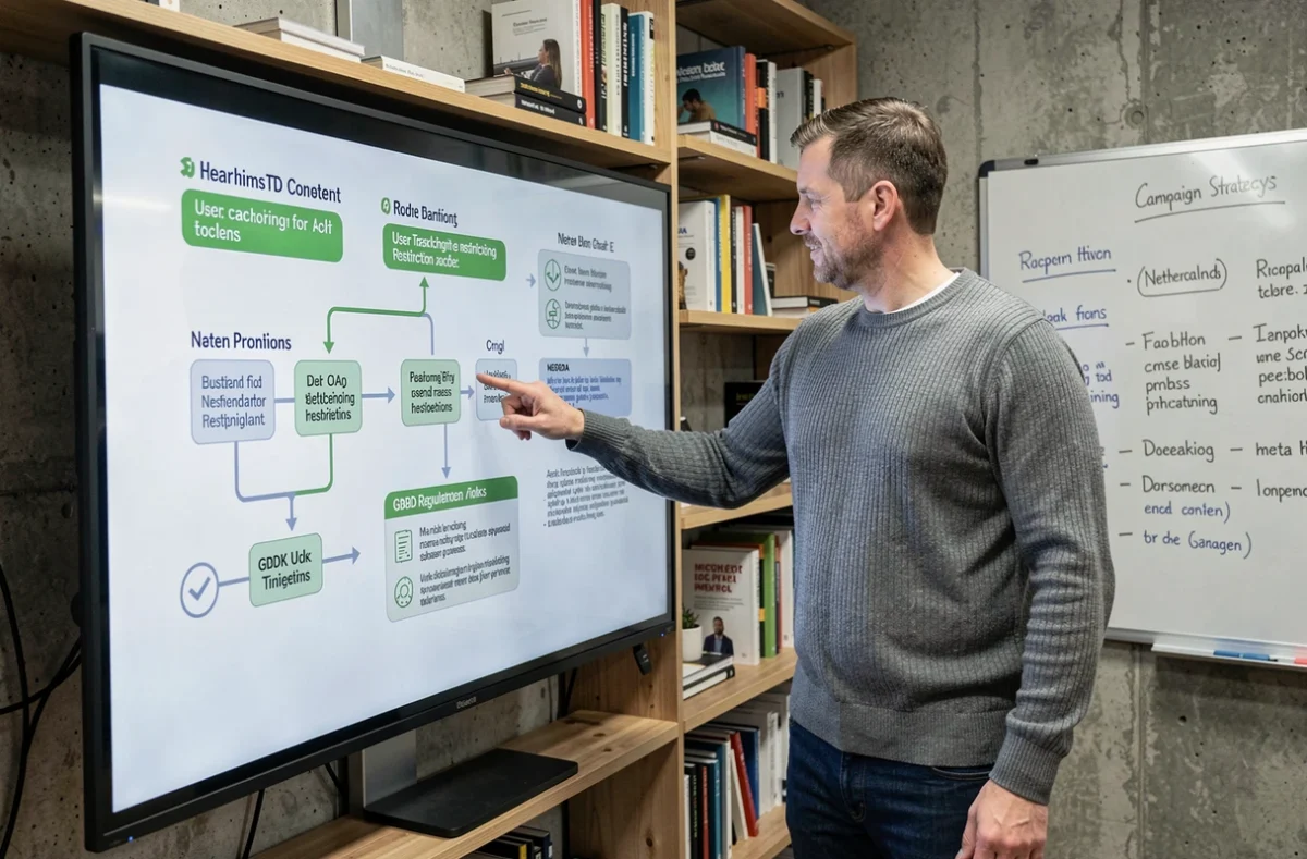 Digitale marketeer wijst naar GDPR-infographic over gegevensconsent en AVG-regelgeving op groot scherm in marketingbureau