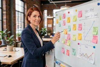Nederlandse vrouw presenteert marketingstrategie op whiteboard in modern co-working kantoor in Amsterdam
